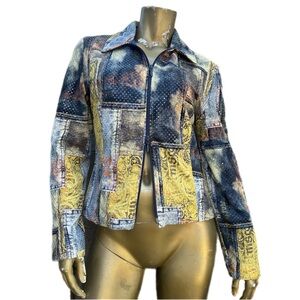 Vintage Joseph Ribkoff sparkly denim patchwork pattern stretch poly zip-up top